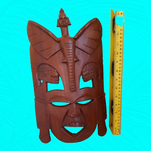 African Wooden Hand Carved Mask Humans And Elephant Carvings 16” Vtg - Picture 11 of 11